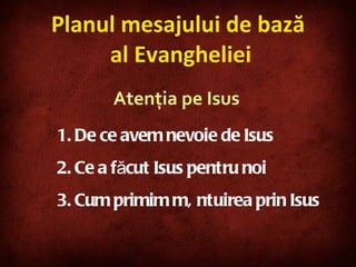 Planul mesajului de bază  al Evangheliei De ce avem nevoie de Isus Ce a făcut Isus pentru noi Cum primim mântuirea prin Isus Atenţia pe Isus 