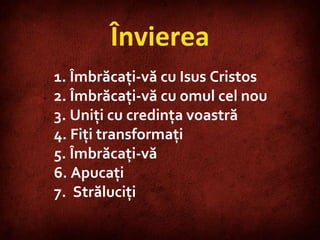 Învierea Îmbrăcaţi-vă cu Isus Cristos Îmbrăcaţi-vă cu omul cel nou Uniţi cu credi n ţa voastră Fiţi transformaţi Îmbrăcaţi-vă Apucaţi Străluciţi 