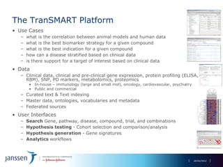 The TranSMART Platform
• Use Cases
   –   what is the correlation between animal models and human data
   –   what is the best biomarker strategy for a given compound
   –   what is the best indication for a given compound
   –   how can a disease stratified based on clinical data
   –   is there support for a target of interest based on clinical data
• Data
   – Clinical data, clinical and pre-clinical gene expression, protein profiling (ELISA,
     RBM), SNP, PD markers, metabolomics, proteomics
        • In-house – immunology (large and small mol), oncology, cardiovascular, psychiatry
        • Public and commercial
   – Curated text & Text indexing
   – Master data, ontologies, vocabularies and metadata
   – Federated sources
• User Interfaces
   –   Search Gene, pathway, disease, compound, trial, and combinations
   –   Hypothesis testing - Cohort selection and comparison/analysis
   –   Hypothesis generation - Gene signatures
   –   Analytics workflows

                                                                                                           20



                                                                                              29/02/2012
 