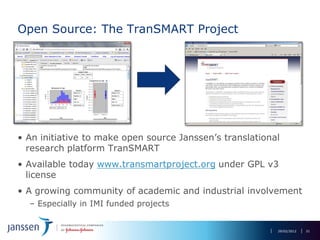 Open Source: The TranSMART Project




• An  initiative  to  make  open  source  Janssen’s  translational  
  research platform TranSMART
• Available today www.transmartproject.org under GPL v3
  license
• A growing community of academic and industrial involvement
   – Especially in IMI funded projects


                                                                  29/02/2012   21
 