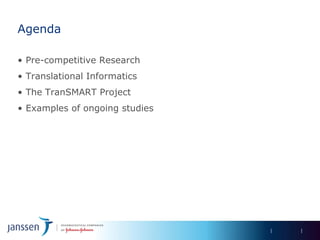 Agenda

• Pre-competitive Research
• Translational Informatics
• The TranSMART Project
• Examples of ongoing studies
 
