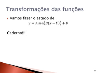  Vamos fazer o estudo de
𝑦 = 𝐴 sen 𝐵 𝑥 − 𝐶 + 𝐷
Caderno!!!
69
 