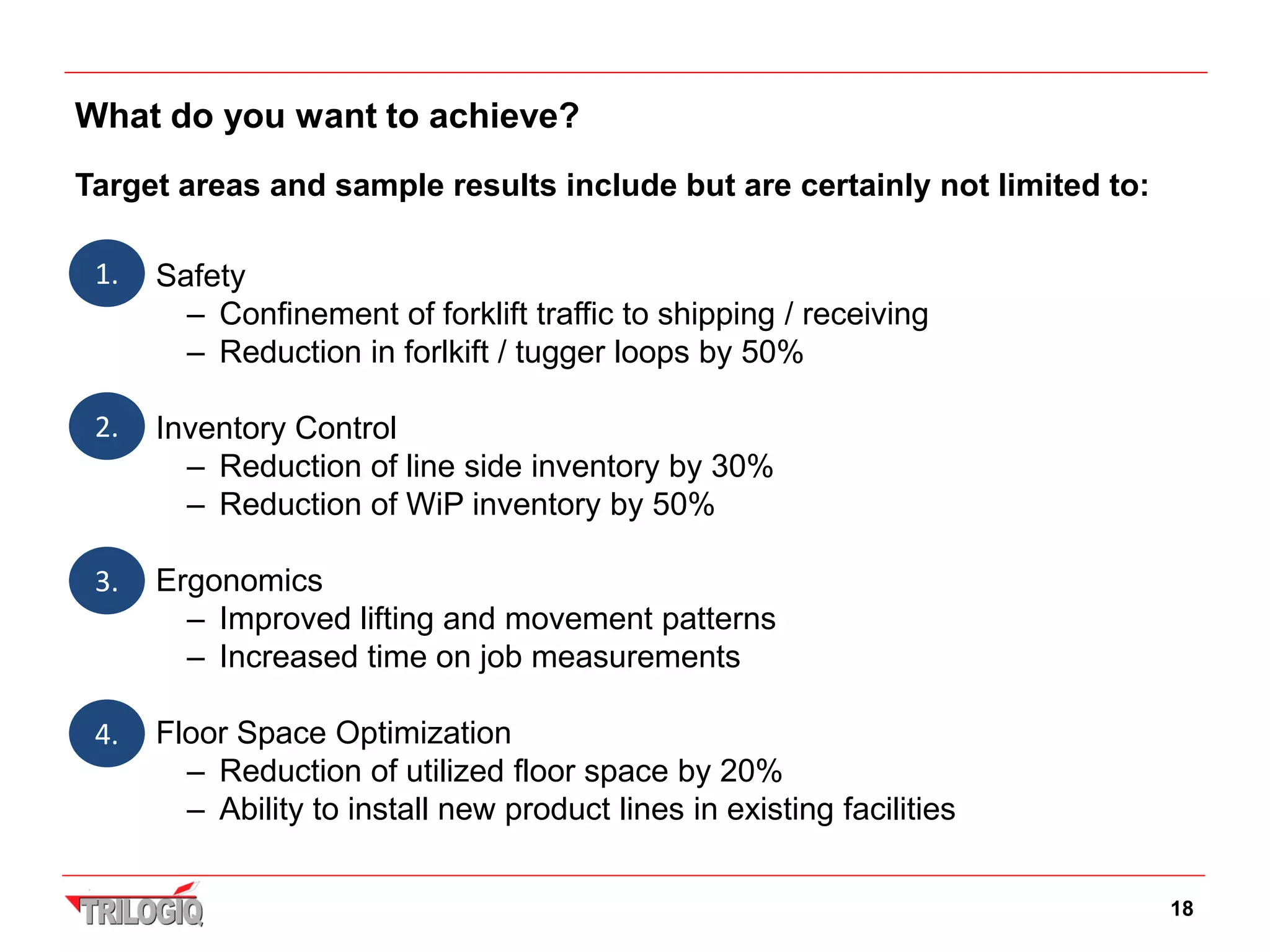 What do you want to achieve?
Target areas and sample results include but are certainly not limited to:

 1. • Safety
        – Confinement of forklift traffic to shipping / receiving
        – Reduction in forlkift / tugger loops by 50%

 2. • Inventory Control
        – Reduction of line side inventory by 30%
        – Reduction of WiP inventory by 50%

 3. • Ergonomics
        – Improved lifting and movement patterns
        – Increased time on job measurements

 4. • Floor Space Optimization
        – Reduction of utilized floor space by 20%
        – Ability to install new product lines in existing facilities


                                                                            18
 
