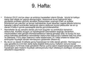 9. Hafta: Embriyo 23-31 mm'ye ulaşır ve embriyo hareketleri izlenir.Gövde   büyük bir kafaya sahip olan eliptik bir yapıya dönüşmüştür. Abdominal duvar belirgindir,ağız görülebilir,profilden görüntü alınabilir.Ekstremiteler uzamıştır.Eller ve ayaklar birbirlerine çok yakındır ve temas halindedirler.Ayak tabanları sagital planda birbirine bakarlar.Lateral ventriküller belirgindir,içlerini dolduran koroid pleksuslar ise en iyi olarak 9 hafta 4 günde parasagital planda görüntülenebilirler  Hemisferler ile eş zamanlı olarak çok hızlı büyürler ve ventrikülün tamamını doldururlar. Korteks düzgün ve hipoekojendir.Diensefalon boşluğu daralırken, mezensefalon hala geniştir.Rombensefalonun lateral genişliği artar ve burayı iki ayrı parça halindeki serebellum hemisferleri doldururlar.Dokuzuncu haftada kalp hızı artar ve dakikada 175'e ulaşır.Sekizinci hafta ortalarından 10. hafta ortalarına kadar tüm embriyolar fizyolojik barsak herniasyonu gösterirler (Resim-6).  Bu da en iyi olarak 9.haftada geniş hiperekojen bir kitle olarak görülür. Herniasyonun çapı genelde 6.3 mm'den daha fazla değildir.Dokuzuncu haftanın sonuna kadar embriyoların %75'inde mide görülebilir.Henüz yutma işlemi başlamadığından,görülen hipoekojen alan midenin fizyolojik sekresyonudur.Aşırı dilatasyon,özofagus ve barsak atrezilerini düşündürür. 