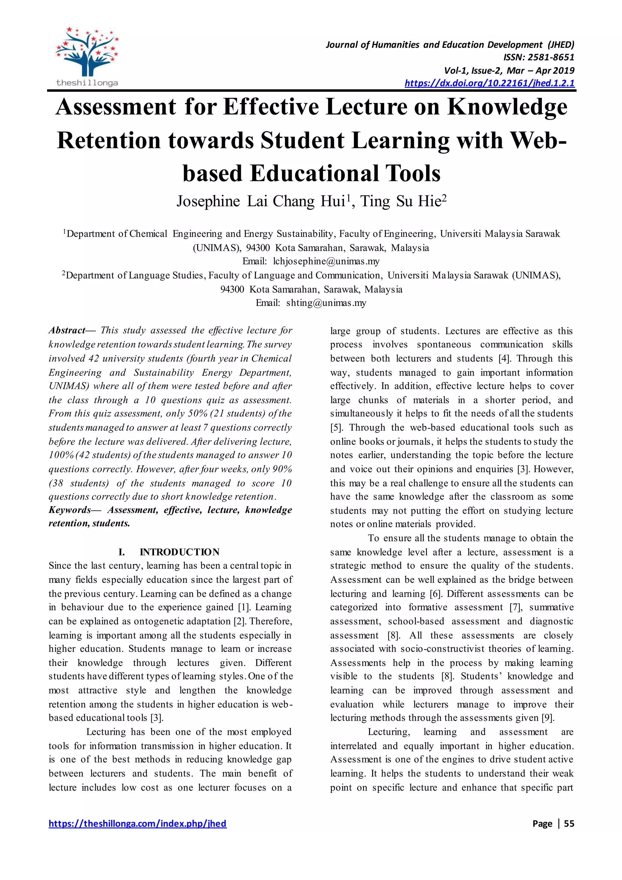 Assessment for Effective Lecture on Knowledge Retention towards Student