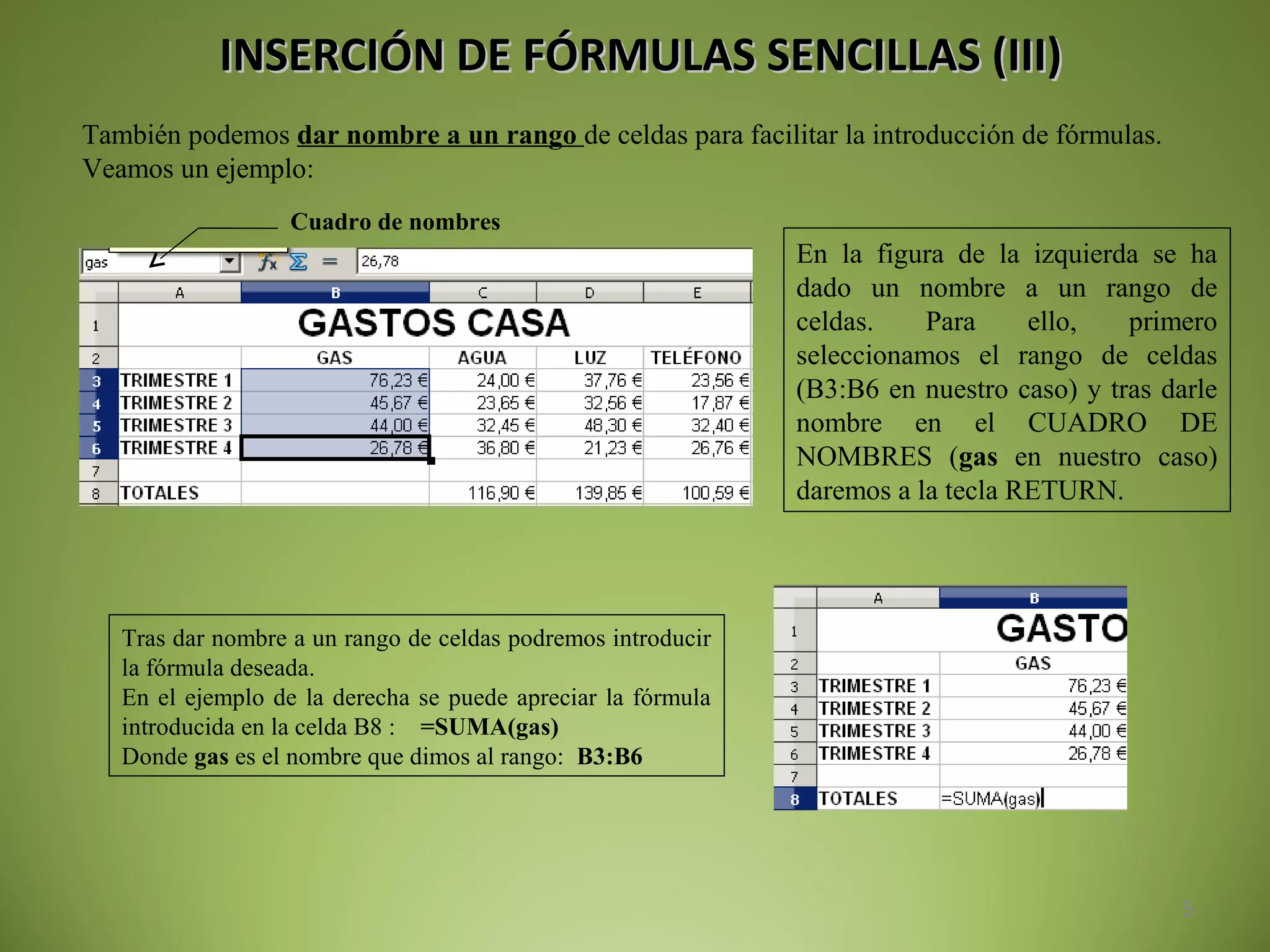 INSERCIÓN DE FÓRMULAS SENCILLAS (III)INSERCIÓN DE FÓRMULAS SENCILLAS (III)
5
También podemos dar nombre a un rango de celdas para facilitar la introducción de fórmulas.
Veamos un ejemplo:
En la figura de la izquierda se ha
dado un nombre a un rango de
celdas. Para ello, primero
seleccionamos el rango de celdas
(B3:B6 en nuestro caso) y tras darle
nombre en el CUADRO DE
NOMBRES (gas en nuestro caso)
daremos a la tecla RETURN.
Cuadro de nombres
Tras dar nombre a un rango de celdas podremos introducir
la fórmula deseada.
En el ejemplo de la derecha se puede apreciar la fórmula
introducida en la celda B8 : =SUMA(gas)
Donde gas es el nombre que dimos al rango: B3:B6
 