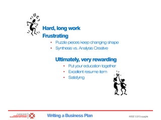 Hard, long work
Frustrating
• Puzzle pieces keep changing shape
• Synthesis vs. Analysis Creative

Ultimately, very rewarding
• Put your education together
• Excellent resume item
• Satisfying

Writing a Business Plan

ARDIZ ©2013copyrights

 