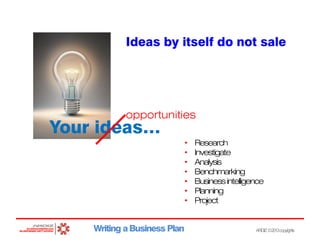 Ideas by itself do not sale

opportunities

Your ideas…

•
•
•
•
•
•
•

Writing a Business Plan

Research
Investigate
Analysis
Benchmarking
Business intelligence
Planning
Project

ARDIZ ©2013copyrights

 