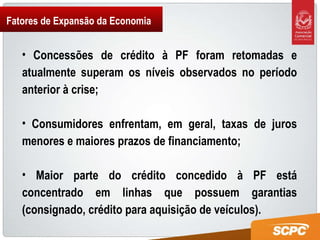 Fatores de Expansão da Economia Concessões de crédito à PF foram retomadas e atualmente superam os níveis observados no período anterior à crise;  Consumidores enfrentam, em geral, taxas de juros menores e maiores prazos de financiamento;  Maior parte do crédito concedido à PF está concentrado em linhas que possuem garantias (consignado, crédito para aquisição de veículos). 