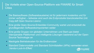 20
Die Vorteile einer Open-Source-Plattform wie FIWARE für Smart
Cities
 Die Basissoftware (Softwarebausteine) ist für jedermann kostenlos und für
immer verfügbar – teilweise sind auch die Endprodukte lizenzkostenfrei (mit
Copy-left Open Source Lizenz)
 Eine große Open-Source-Entwickler-Community wartet und entwickelt die
grundlegenden Softwarekomponenten weiter
 Eine große Gruppe von globalen Unternehmen und Start-ups bietet
interoperable Plattformen und intelligente Lösungen basierend auf der Open-
Source-Technologie an
 Niedrigste Betriebskosten für die Endbenutzer
 Standard Datenmodelle und Standard Schnittstellen (APIs) vermeiden einen
‚Vendor-Lock-In-Effekt‘
 