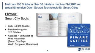 Mehr als 300 Städte in über 30 Ländern machen FIWARE zur
global führenden Open Source Technologie für Smart Cities
8
FIWARE
Smart City Book:
• Liste mit 300 Städten
• Beschreibung von
125 Städten
• Ausgabe 4 verfügbar ab
Mitte November
(Smart City Expo
World Congress, Barcelona)
 