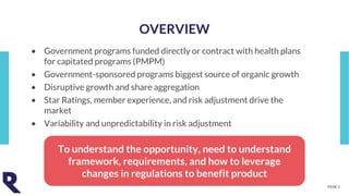• Government programs funded directly or contract with health plans
for capitated programs (PMPM)
• Government-sponsored programs biggest source of organic growth
• Disruptive growth and share aggregation
• Star Ratings, member experience, and risk adjustment drive the
market
• Variability and unpredictability in risk adjustment
PAGE 2
OVERVIEW
To understand the opportunity, need to understand
framework, requirements, and how to leverage
changes in regulations to benefit product
 