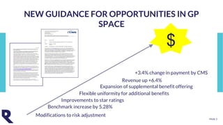 PAGE 3
NEW GUIDANCE FOR OPPORTUNITIES IN GP
SPACE
Revenue up +6.4%
+3.4% change in payment by CMS
Modifications to risk adjustment
Benchmark increase by 5.28%
Improvements to star ratings
Flexible uniformity for additional benefits
Expansion of supplemental benefit offering
$
 