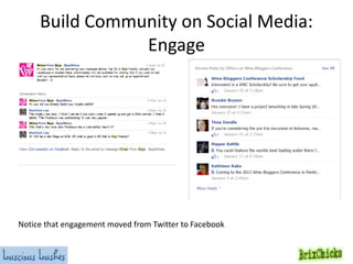 Build Community on Social Media:
Engage

Notice that engagement moved from Twitter to Facebook

 