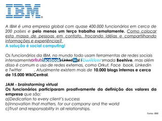A IBM é uma empresa global com quase 400.000 funcionários em cerca de
200 países e pelo menos um terço trabalha remotamente. Como colocar
esta massa de pessoas em contato, trocando idéias e compartilhando
informações e experiências?
A solução é social computing!

Os funcionários da IBM, no mundo todo usam ferramentas de redes sociais
intensamente, como uma rede social interna chamada Beehive, mas além
disso é comum o uso de redes externas, como Orkut, Face book, Linkedin
e Twitter     . Atualmente existem mais de 10.000 blogs internos e cerca
de 15.000 WikiCentral.

JAM - brainstorming virtual
Os funcionários participaram proativamente da definição dos valores da
empresa que são:
a)Dedication to every client’s success
b)Innovation that matters, for our company and the world
c)Trust and responsability in all relationships.
                                                                    Fonte: IBM
 
