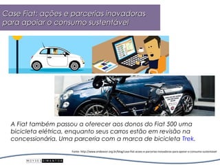 Case Fiat: ações e parcerias inovadoras
para apoiar o consumo sustentável




  A Fiat também passou a oferecer aos donos do Fiat 500 uma
  bicicleta elétrica, enquanto seus carros estão em revisão na
  concessionária. Uma parceria com a marca de bicicleta Trek.
                     Fonte: http://www.endeavor.org.br/blog/case-fiat-acoes-e-parcerias-inovadoras-para-apoiar-o-consumo-sustentavel
 