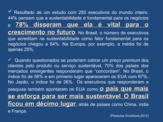  Resultado de um estudo com 250 executivos do mundo inteiro:
44% pensam que a sustentabilidade é fundamental para os negócios
e 78% disseram que ela é vital para o
crescimento no futuro. No Brasil, o número de executivos
que acreditam na sustentabilidade como fator fundamental para os
negócios chegou a 64%. Na Europa, por exemplo, a média foi de
apenas 25%.

 Quando questionados se poderiam cobrar um preço premium dos
clientes pelo produto ou serviço sustentável, 70% dos países dos
mercados emergentes responderam que “concordam”. No Brasil, o
índice foi de 56% e em primeiro lugar apareceram os EUA com 67%.
No Japão, o índice foi de 36%. Os executivos que responderam a
                                 o país que mais
pesquisa também apontaram os EUA como
se esforça para ser mais sustentável . O Brasil
ficou em décimo lugar, atrás de países como China, índia
e França.
                                              (Pesquisa Accenture,2012)
 
