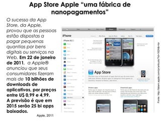 App Store Apple “uma fábrica de
                 nanopagamentos”
O sucesso da App
Store, da Apple,
provou que as pessoas
estão dispostas a
pagar pequenas




                                            Fonte: http://latam.apple.com/pr/articulo/?id=1624&r=br
quantias por bens
digitais ou serviços na
Web. Em 22 de janeiro
de 2011, a Apple®
anunciou que seus
consumidores fizeram
mais de 10 bilhões de
downloads de
aplicativos, por preços
entre U$ 0,99 e 4,99.
A previsão é que em
2015 serão 25 bi apps
baixados.
             Apple, 2011
 