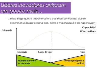 Líderes inovadores arriscam
um pouco mais…
    “...e isso exige que se trabalhe com o que é desconhecido, que se
       experimente mudar o status quo, onde o maior risco é o de não inovar.”
                                                                  Capra, Fritjof
Adequação
                                                                O Tao da Física




            Estagnação         Limite do Caos                   Caos



             Mudança lenta e                       Mudança rápida e
             incremental                                     radical
 