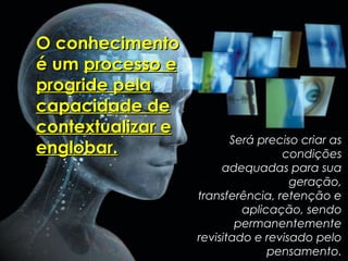 O conhecimento
é um processo e
progride pela
capacidade de
contextualizar e
                          Será preciso criar as
englobar.                          condições
                        adequadas para sua
                                     geração,
                   transferência, retenção e
                            aplicação, sendo
                           permanentemente
                   revisitado e revisado pelo
                                 pensamento.
 