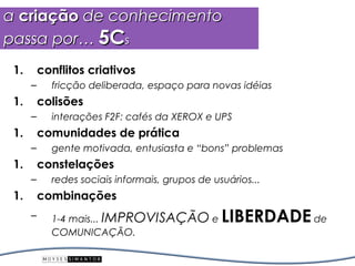 a criação de conhecimento
passa por… 5Cs
 1.       conflitos criativos
      –     fricção deliberada, espaço para novas idéias
 1.       colisões
      –     interações F2F: cafés da XEROX e UPS
 1.       comunidades de prática
      –     gente motivada, entusiasta e “bons” problemas
 1.       constelações
      –     redes sociais informais, grupos de usuários...
 1.       combinações
      –     1-4 mais... IMPROVISAÇÃO e           LIBERDADE de
            COMUNICAÇÃO.
 