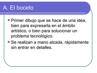A. El boceto Primer dibujo que se hace de una idea, bien para expresarla en el ámbito artístico, o bien para solucionar un problema tecnológico. Se realizan a mano alzada, rápidamente sin entrar en detalles. 