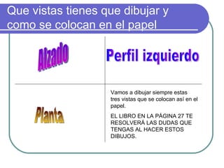 Que vistas tienes que dibujar y como se colocan en el papel Alzado Planta Perfil izquierdo Vamos a dibujar siempre estas tres vistas que se colocan así en el papel. EL LIBRO EN LA PÁGINA 27 TE RESOLVERÁ LAS DUDAS QUE TENGAS AL HACER ESTOS DIBUJOS. 