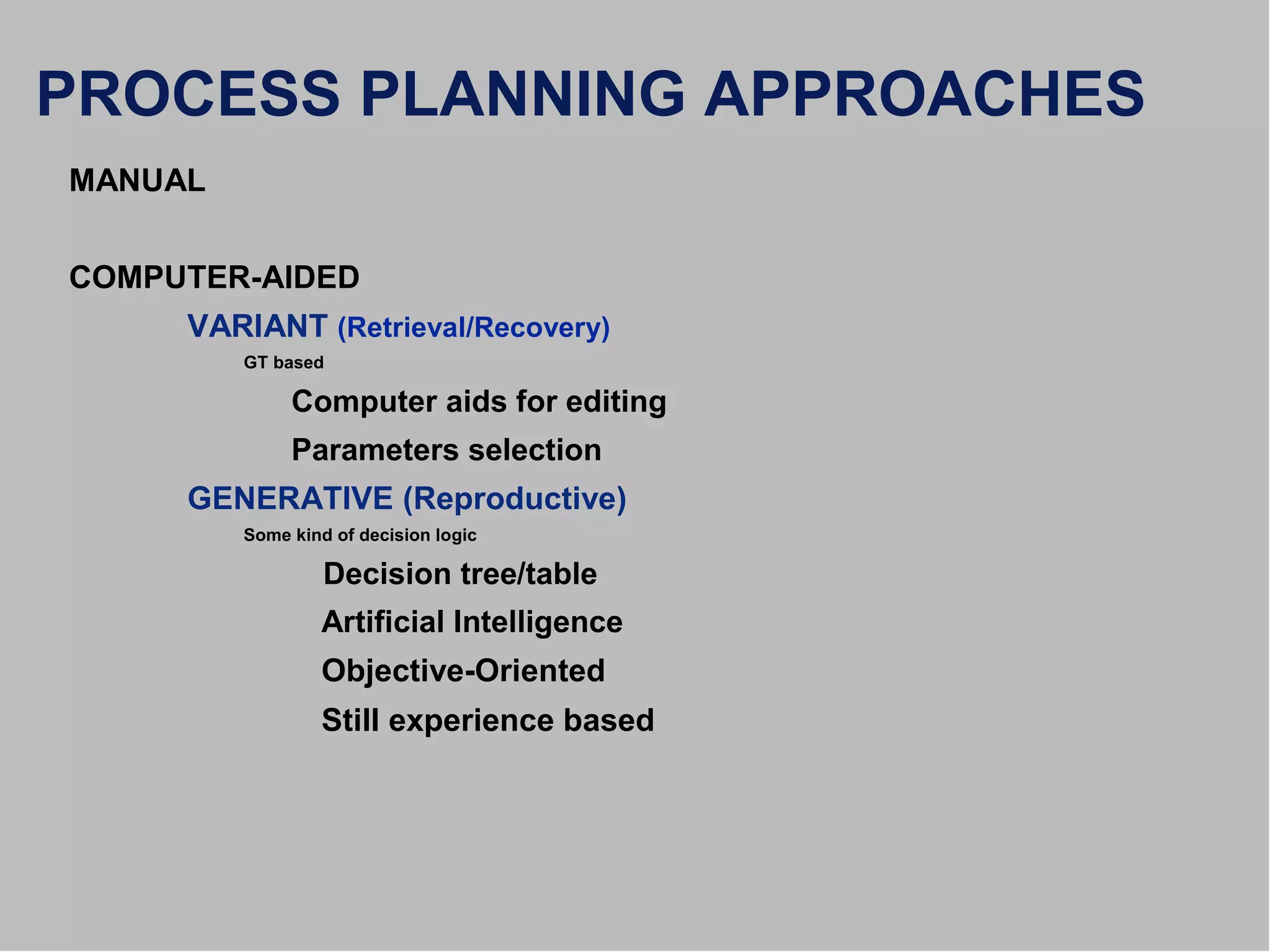 PROCESS PLANNING APPROACHES
MANUAL
COMPUTER-AIDED
VARIANT (Retrieval/Recovery)
GT based
Computer aids for editing
Parameters selection
GENERATIVE (Reproductive)
Some kind of decision logic
Decision tree/table
Artificial Intelligence
Objective-Oriented
Still experience based
 