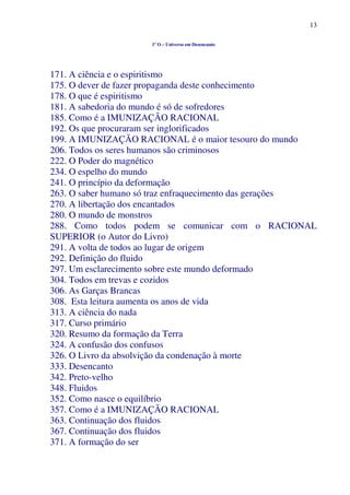 13
1º O – Universo em Desencanto
171. A ciência e o espiritismo
175. O dever de fazer propaganda deste conhecimento
178. O que é espiritismo
181. A sabedoria do mundo é só de sofredores
185. Como é a IMUNIZAÇÃO RACIONAL
192. Os que procuraram ser inglorificados
199. A IMUNIZAÇÃO RACIONAL é o maior tesouro do mundo
206. Todos os seres humanos são criminosos
222. O Poder do magnético
234. O espelho do mundo
241. O princípio da deformação
263. O saber humano só traz enfraquecimento das gerações
270. A libertação dos encantados
280. O mundo de monstros
288. Como todos podem se comunicar com o RACIONAL
SUPERIOR (o Autor do Livro)
291. A volta de todos ao lugar de origem
292. Definição do fluido
297. Um esclarecimento sobre este mundo deformado
304. Todos em trevas e cozidos
306. As Garças Brancas
308. Esta leitura aumenta os anos de vida
313. A ciência do nada
317. Curso primário
320. Resumo da formação da Terra
324. A confusão dos confusos
326. O Livro da absolvição da condenação à morte
333. Desencanto
342. Preto-velho
348. Fluidos
352. Como nasce o equilíbrio
357. Como é a IMUNIZAÇÃO RACIONAL
363. Continuação dos fluidos
367. Continuação dos fluidos
371. A formação do ser
 