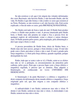 293
1º O – Universo em Desencanto
Se não existisse o sol, que é de origem das virtudes deformadas
dos seres Racionais, não haveria fluido, e não havendo fluido, não há
vida. Os fluidos é que dão forma e vida a todos os seres que existem aí
na Terra. Portanto, se não existisse o sol, não haveria vida. Está assim
explicado, o fim de todos os seres, pela IMUNIZAÇÃO RACIONAL.
No fluido está tudo de bom e tudo de mal. O fluido bom produz
o bem e o fluido mau produz o mal. A pessoa imunizada pelo fluido
bom, o fluido mau não penetra no corpo e fica a pessoa livre de
qualquer espécie de enfermidade, como o câncer e outras doenças
mais. O fluido penetra pelos poros, pela respiração, pela alimentação e
daí é que surge o bem e o mal.
A pessoa possuidora de fluido bom, cheia de fluidos bons, o
fluido mau não tem acesso, porque o bom domina o mau. O mal não
pode com o bem; prevalece o bem e não o mal. O mal é gerado pela
força magnética, e o bem pela força elétrica, quando regulada, porque
desregulada faz mal.
Então, tudo que se sente e não se vê, é fluido, sente-se os efeitos
mas não se vê: a poluição, os envenenamentos da atmosfera pelo
carbono, pelos gases. Para que a pessoa fique com a força elétrica e
magnética regulada, é preciso que se imunize. Para adquirir a
Imunização, só conhecendo no Livro UNIVERSO EM
DESENCANTO.
A Imunização é da parte Racional e a elétrica e magnética é
deste conjunto da deformação deste mundo elétrico e magnético; força
originada pelo sol, que deu origem a este conjunto elétrico e
magnético.
A radioatividade é um fluido; sentem-no mas não o vêem. O
átomo é um fluido; sentem-no mas não o vêem. A eletricidade é um
fluido; sentem-no mas não o vêem.
 