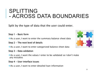 SPLITTING
- ACROSS DATA BOUNDARIES
Split by the type of data that the user could enter.
Step 1 - Basic form
As a user, I want to enter the summary balance sheet data
Step 2 - The next level of details
As a user, I want to enter categorized balance sheet data
Step 3 - Data validation
As a user, I want the values I enter to be validated so I don’t make
any mistakes
Step 4 - User interface issues
As a user, I want to enter detailed loan information
32
 