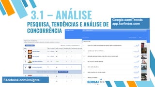PESQUISA, TENDÊNCIAS E ANÁLISE DE
CONCORRÊNCIA
3.1 – ANÁLISE Google.com/Trends
app.kwfinder.com
Facebook.com/insights
 