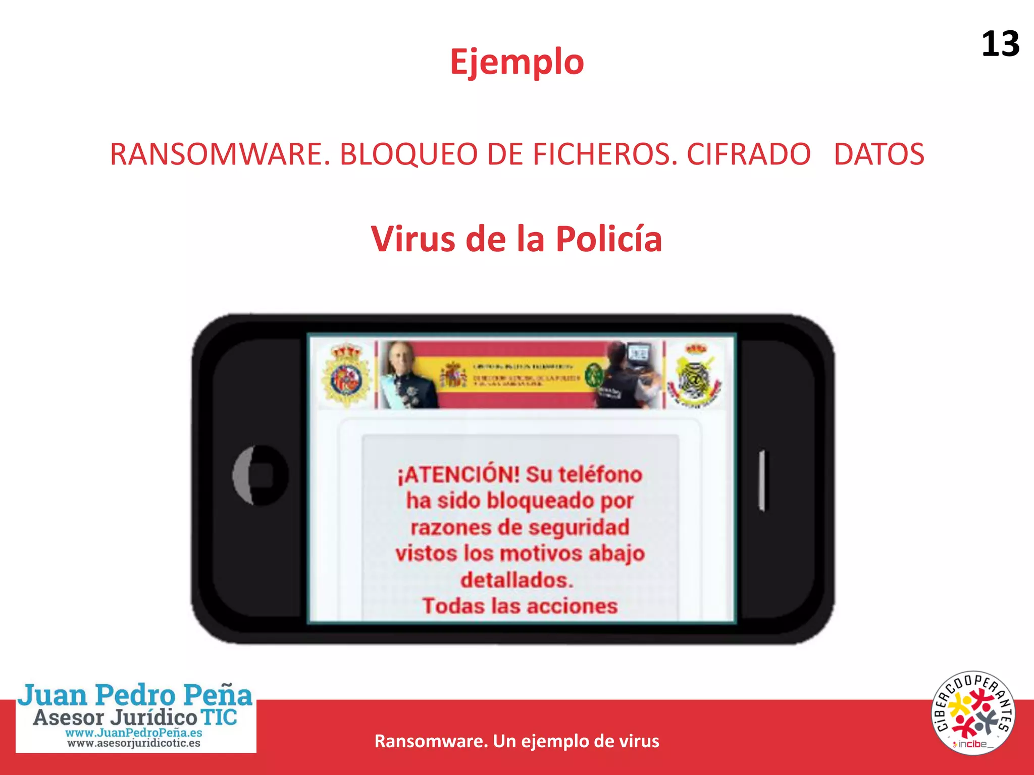 Ejemplo
Ransomware. Un ejemplo de virus
Virus de la Policía
RANSOMWARE. BLOQUEO DE FICHEROS. CIFRADO DATOS
13
 