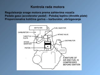 Kontrola rada motora
Regulaisanje snage motora prema zahtevima vozača
Pedala gasa (accelerator pedal) - Položaj leptira (throttle plate)
Proporcionalna količina goriva – karburator, ubrizgavanje
 