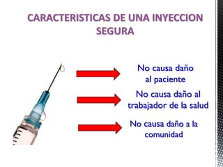 CARACTERISTICAS DE UNA INYECCION
SEGURA
No causa daño
al paciente
No causa daño al
trabajador de la salud
No causa daño a la
comunidad
 