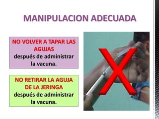 MANIPULACION ADECUADA
NO VOLVER A TAPAR LAS
AGUJAS
después de administrar
la vacuna.
NO RETIRAR LA AGUJA
DE LA JERINGA
después de administrar
la vacuna.
 