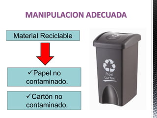 MANIPULACION ADECUADA
Papel no
contaminado.
Cartón no
contaminado.
Material Reciclable
 