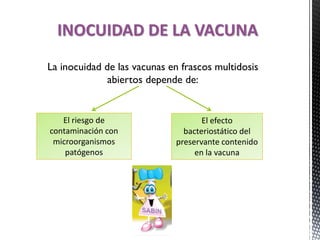INOCUIDAD DE LA VACUNA
La inocuidad de las vacunas en frascos multidosis
abiertos depende de:
El riesgo de
contaminación con
microorganismos
patógenos
El efecto
bacteriostático del
preservante contenido
en la vacuna
 