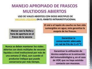 MANEJO APROPIADO DE FRASCOS
MULTIDOSIS ABIERTOS
USO DE VIALES ABIERTOS CON DOSIS MÚLTIPLES DE
VACUNAS LÍQUIDAS EN EL ÁMBITO INTRAINSTITUCIONAL
Marcar con la fecha y
hora de apertura en el
frasco de la vacuna
Nunca se deben mantener los viales
abiertos con dosis múltiples de vacunas
líquidas a nivel institucional por más de
una semana (7 días), aun cuando el
productor indique que puede
conservarse por más tiempo.
Garantizar la utilización de
técnica aséptica en la extracción
del Inmunobiológico y, en el caso
de VOP, que no haya existido
contacto con mucosas.
Garantizar la
conservación adecuada
en red de frío de 2 a 8 °C
El vial o el tapón de caucho no han sido
sumergidos en agua; esto garantiza la
asepsia de los frascos.
 