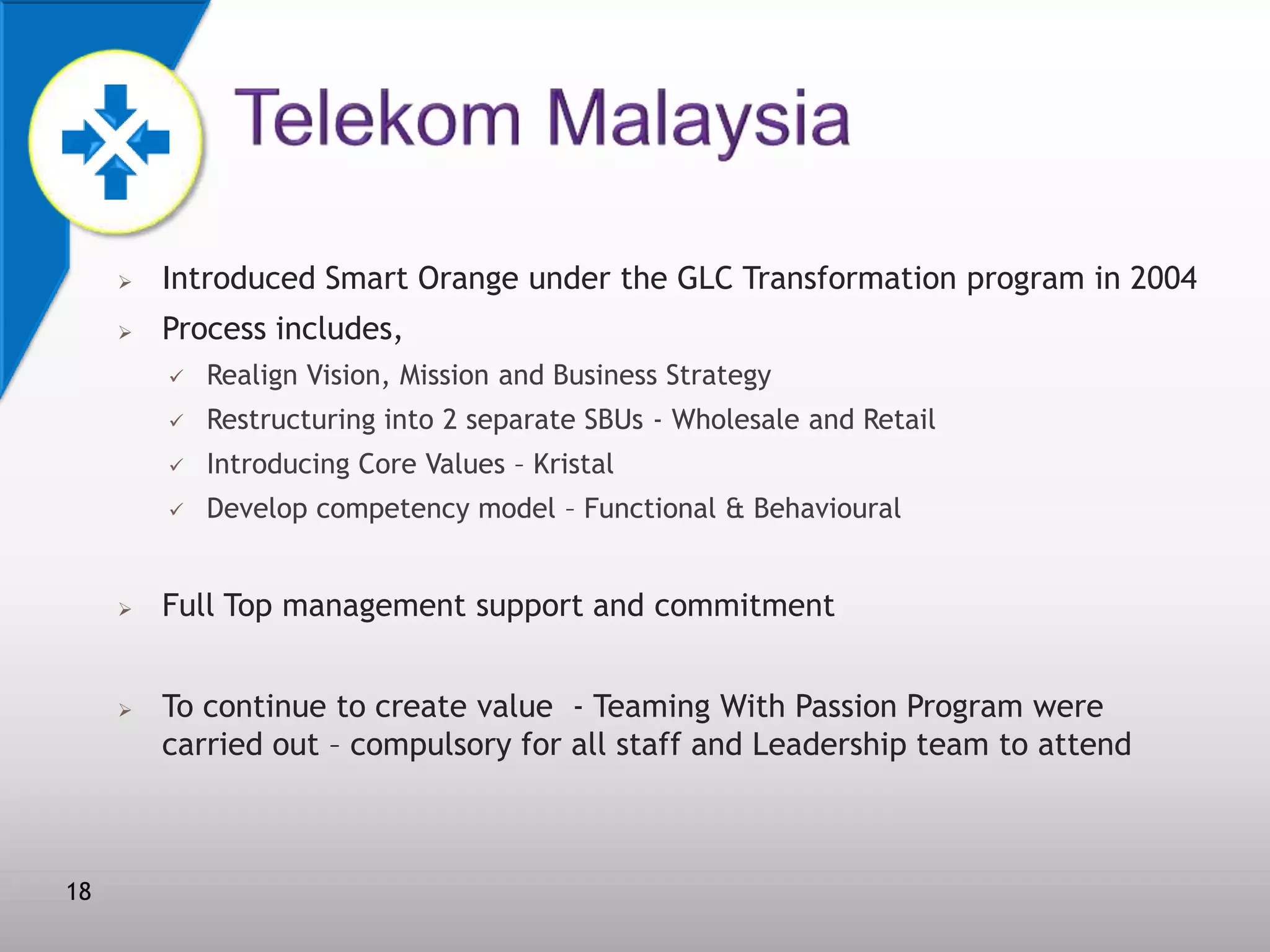 

Introduced Smart Orange under the GLC Transformation program in 2004



Process includes,



18

Introducing Core Values – Kristal





Restructuring into 2 separate SBUs - Wholesale and Retail





Realign Vision, Mission and Business Strategy

Develop competency model – Functional & Behavioural

Full Top management support and commitment
To continue to create value - Teaming With Passion Program were
carried out – compulsory for all staff and Leadership team to attend

 