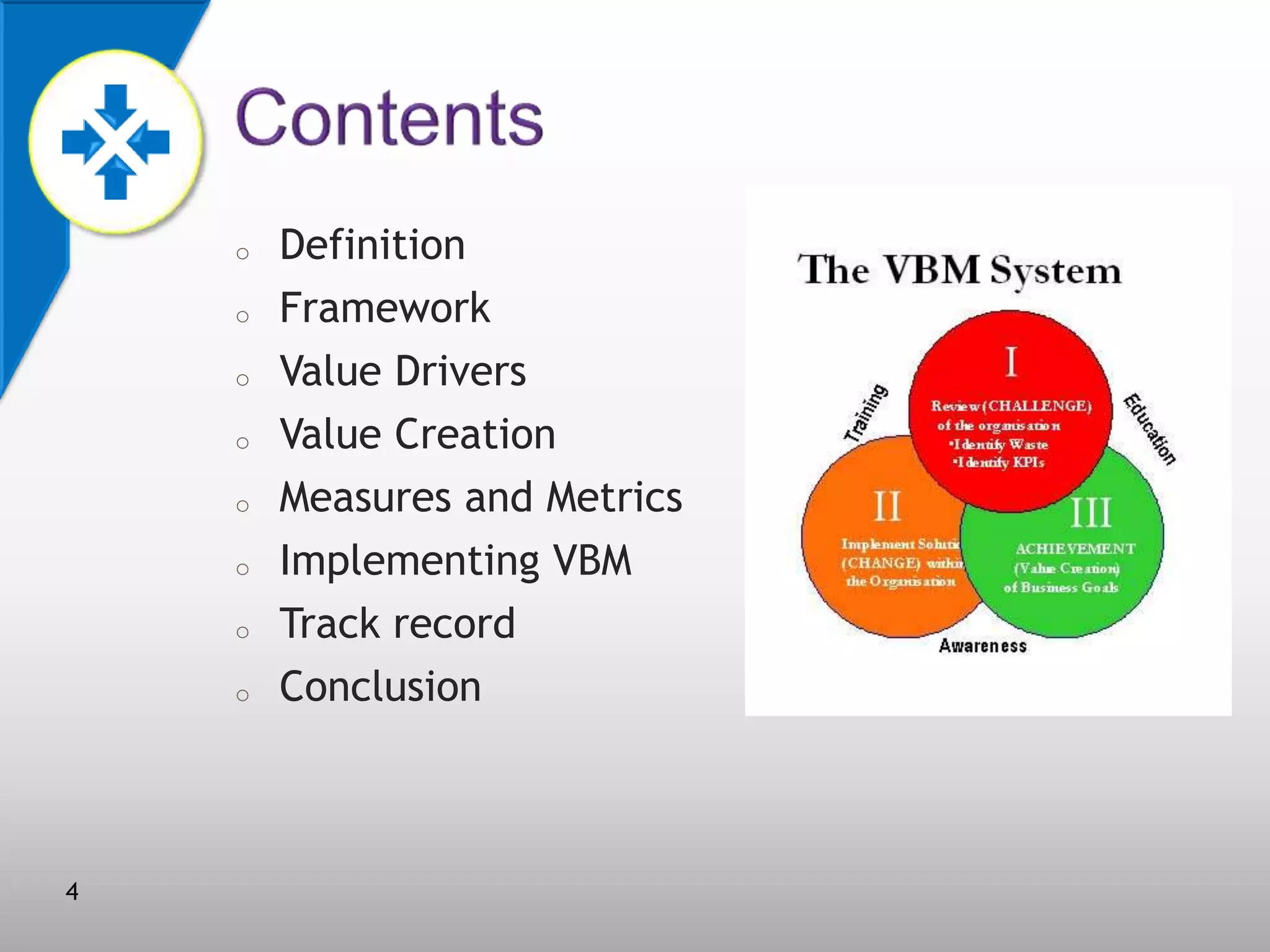 o
o
o
o
o

o
o
o

4

Definition
Framework
Value Drivers
Value Creation
Measures and Metrics
Implementing VBM
Track record
Conclusion

 