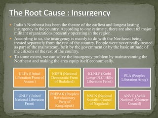  India’s Northeast has been the theatre of the earliest and longest lasting
insurgency in the country. According to one estimate, there are about 65 major
militant organizations presently operating in the region.
 According to us, the insurgency is mainly to do with the Northeast being
treated separately from the rest of the country. People were never really treated
as part of the mainstream, be it by the government or by the basic attitude of
the citizens of the rest of the country.
 To some extent, we can solve the insurgency problem by mainstreaming the
Northeast and making the area equip itself economically.
ULFA (United
Liberation Front of
Assam )
NDFB (National
Democratic Front
of Bodoland)
KLNLF (Karbi
Longri N.C. Hills
Liberation Front)
PLA (Peoples
Liberation Army)
UNLF (United
National Liberation
Front)
PREPAK (People's
Revolutionary
Party of
Kangleipak)
NSCN (National
Socialist Council
of Nagaland)
ANVC (Achik
National Volunteer
Council)
 