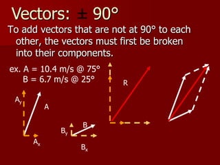Vectors:                 90°
To add vectors that are not at 90° to each
 other, the vectors must first be broken
 into their components.
ex. A = 10.4 m/s @ 75°
    B = 6.7 m/s @ 25°          R

 Ay
           A

                    B
               By
      Ax
                    Bx
 