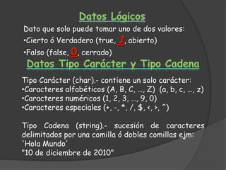 Dato que solo puede tomar uno de dos valores:
•Cierto ó Verdadero (true, 1, abierto)
•Falso (false, 0, cerrado)


Tipo Carácter (char).- contiene un solo carácter:
•Caracteres alfabéticos (A, B, C, …, Z) (a, b, c, …, z)
•Caracteres numéricos (1, 2, 3, …, 9, 0)
•Caracteres especiales (+, -, *, /, $, <, >, ^)

Tipo Cadena (string).- sucesión de caracteres
delimitados por una comilla ó dobles comillas ejm:
'Hola Mundo'
"10 de diciembre de 2010"
 