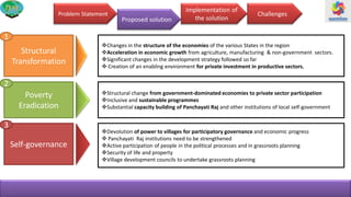 Proposed solution
Implementation of
the solution
ChallengesProblem Statement
Structural
Transformation
Poverty
Eradication
Self-governance
Changes in the structure of the economies of the various States in the region
Acceleration in economic growth from agriculture, manufacturing & non-government sectors.
Significant changes in the development strategy followed so far
 Creation of an enabling environment for private investment in productive sectors.
Structural change from government-dominated economies to private sector participation
Inclusive and sustainable programmes
Substantial capacity building of Panchayati Raj and other institutions of local self-government
Devolution of power to villages for participatory governance and economic progress
 Panchayati Raj institutions need to be strengthened
Active participation of people in the political processes and in grassroots planning
Security of life and property
Village development councils to undertake grassroots planning
1
2
3
 