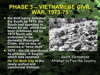 PHASE 3 – VIETNAMESE CIVIL WAR, 1973-75 the NVA easily defeated the South by 1975; the South had appealed to Nixon for aid, which had been promised, but by 1975 Nixon was embroiled in the domestic Watergate Crisis, and he was in essence a “lame duck” 1975 – the US abandoned its embassy in Saigon, which was renamed  Ho Chi Minh City  in the newly unified and communist Vietnam South Vietnamese  Attempt to Flee the Country 