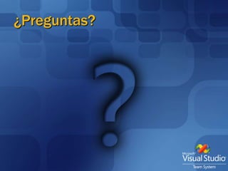 ResumenALM puedeofrecerunaserie de beneficiosempresarialesAumento de la visibilidad del proyecto, mayor calidad de productosterminados y funcionando, mejora de la gestión del proyecto, mayor capacidad de respuesta a los cambios y comunicaciónmásefectiva del equipo de desarrolloALM se basa en un set de herramientasquesoportanyunenlasactividades del ciclo de vida, incluyendo:Gestión de Requerimientos, Diseño y Modelado, Desarrollo, Testing, Configuration ManagementVSTS soporta ALM integrandose a través de lasherramientasqueproporcionaGuia de procesos, work item tracking, detailed reporting, portal centralizado de comunicación y mucho más...