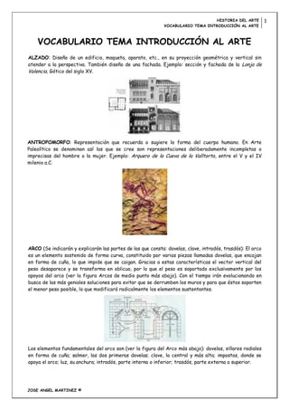 HISTORIA DEL ARTE          1
                                                             VOCABULARIO TEMA INTRODUCCIÓN AL ARTE



    VOCABULARIO TEMA INTRODUCCIÓN AL ARTE
ALZADO: Diseño de un edificio, maqueta, aparato, etc., en su proyección geométrica y vertical sin
atender a la perspectiva. También diseño de una fachada. Ejemplo: sección y fachada de la Lonja de
Valencia, Gótico del siglo XV.




ANTROPOMORFO: Representación que recuerda o sugiere la forma del cuerpo humano. En Arte
Paleolítico se denominan así las que se cree son representaciones deliberadamente incompletas o
imprecisas del hombre o la mujer. Ejemplo: Arquero de la Cueva de la Valltorta , entre el V y el IV
milenio a.C.




ARCO (Se indicarán y explicarán las partes de las que consta: dovelas, clave, intradós, trasdós): El arco
es un elemento sostenido de forma curva, constituido por varias piezas llamadas dovelas, que encajan
en forma de cuña, lo que impide que se caigan. Gracias a estas características el vector vertical del
peso desaparece y se transforma en oblicuo, por lo que el peso es soportado exclusivamente por los
apoyos del arco (ver la figura Arcos de medio punto más abajo). Con el tiempo irán evolucionando en
busca de las más geniales soluciones para evitar que se derrumben los muros y para que éstos soporten
el menor peso posible, lo que modificará radicalmente los elementos sustentantes.




Los elementos fundamentales del arco son (ver la figura del Arco más abajo): dovelas, sillares radiales
en forma de cuña; salmer, las dos primeras dovelas; clave, la central y más alta; impostas, donde se
apoya el arco; luz, su anchura; intradós, parte interna o inferior; trasdós, parte externa o superior.




JOSE ANGEL MARTINEZ ©
 