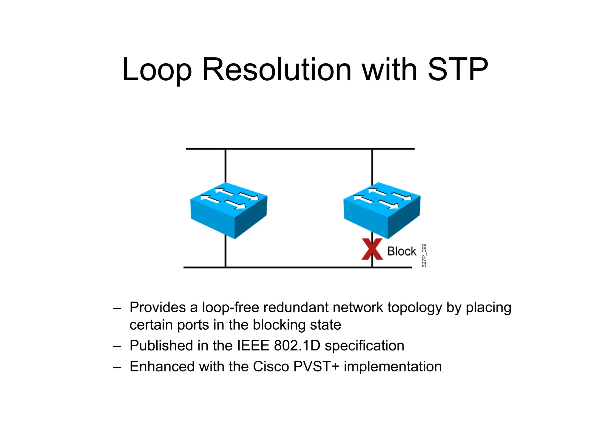 Loop Resolution with STP
– Provides a loop-free redundant network topology by placing
certain ports in the blocking state
– Published in the IEEE 802.1D specification
– Enhanced with the Cisco PVST+ implementation
 