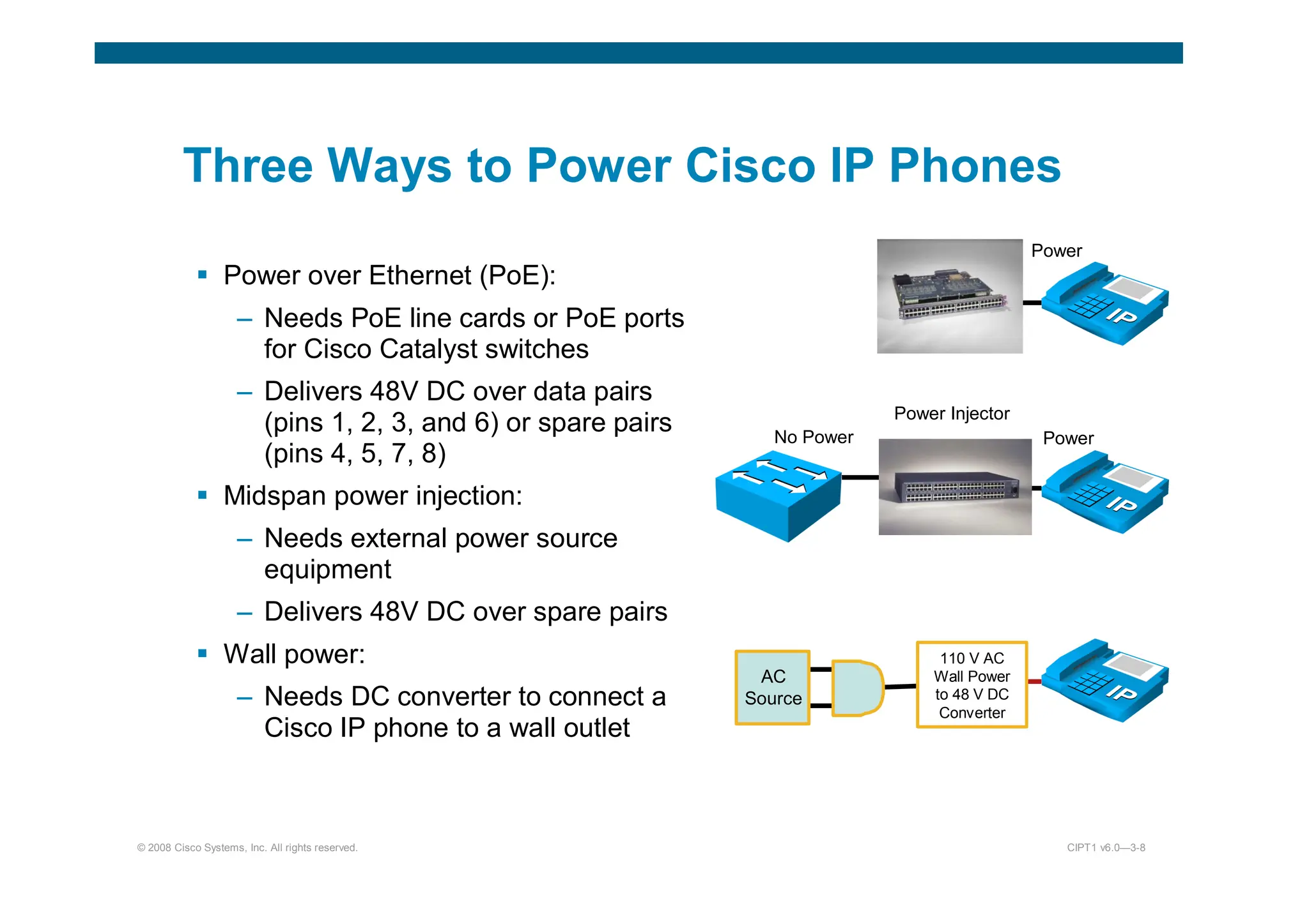 © 2008 Cisco Systems, Inc. All rights reserved. CIPT1 v6.0—3-8
Three Ways to Power Cisco IP Phones
 Power over Ethernet (PoE):
– Needs PoE line cards or PoE ports
for Cisco Catalyst switches
– Delivers 48V DC over data pairs
(pins 1, 2, 3, and 6) or spare pairs
(pins 4, 5, 7, 8)
 Midspan power injection:
– Needs external power source
equipment
– Delivers 48V DC over spare pairs
 Wall power:
– Needs DC converter to connect a
Cisco IP phone to a wall outlet
110 V AC
Wall Power
to 48 V DC
Converter
AC
Source
No Power
Power Injector
Power
Power
 